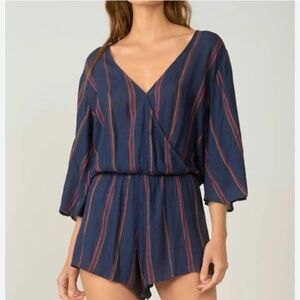 Elan 3/4 Sleeve Faux Wrap Surplice Stripe Pink Romper In Blue Viscose  Size L